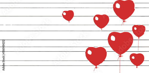 Red heart balloons floating on lined paper background.