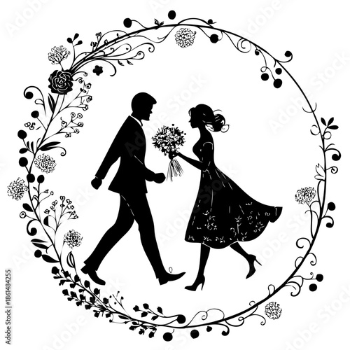 Couple walking in floral circle