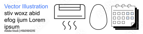 Climate control, scheduling, organizational tools, appliance symbols, cooking , minimal design. Air conditioner emitting steam, an egg shape and a calendar. Climate control and scheduling tools