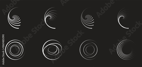 Abstract spiral swirl line set on dark background, circular motion rings and vortex shapes for modern graphic design, dynamic effects, futuristic branding, and creative visual elements.