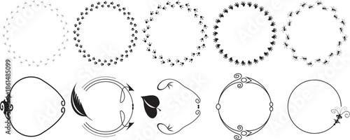 Hand-drawn circular frame set with dotted, dashed, and decorative ring styles. Minimal sketch round borders perfect for labels, logos, badges, and creative layouts. Versatile outline elements for mode