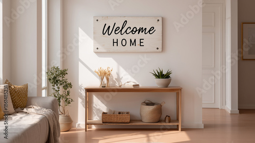 A modern entryway with a decorative Welcome Home sign displayed above a console table, minimalist home decor
