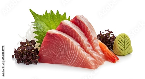 Fresh sashimi plated with garnishes isolated on white background