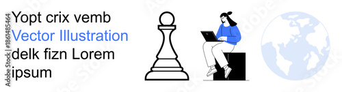 Remote work, global strategy, online learning, teamwork, decision-making, innovation. Young woman using a laptop beside a chess pawn and a globe. Remote work and global strategy concept