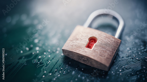 A close-up view of a metal padlock with a vibrant red keyhole, resting on a textured wet surface, symbolizing security and protection.