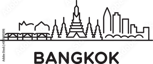 Bangkok city skyline vector line art illustration with famous landmarks and outline buildings