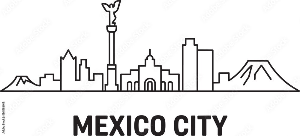 Fototapeta premium Mexico city travel skyline line art illustration with angel of independence landmark and mountain silhouettes