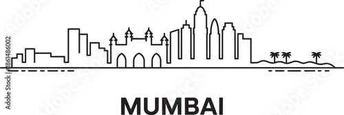 Linear drawing of mumbai india skyline featuring sea link arches buildings and tropical vegetation