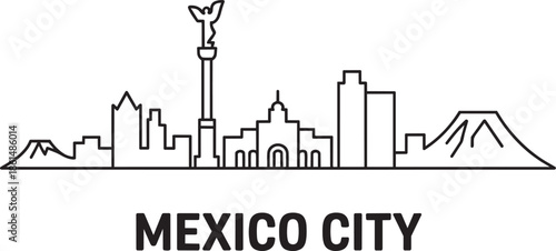 Mexico city travel skyline line art illustration with angel of independence landmark and mountain silhouettes