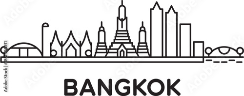 Minimalist bangkok city skyline line art with famous temple landmarks and modern office towers