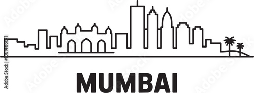 Outline sketch of mumbai india skyline showing gateways arches and tall modern skyscrapers