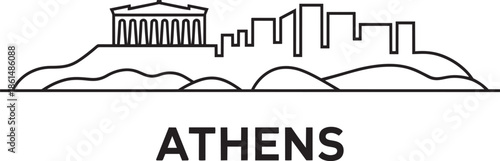 Outline sketch of ancient athens acropolis and modern cityscape on rolling hills