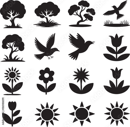 Silhouettes of trees birds flowers and suns in a monochrome design