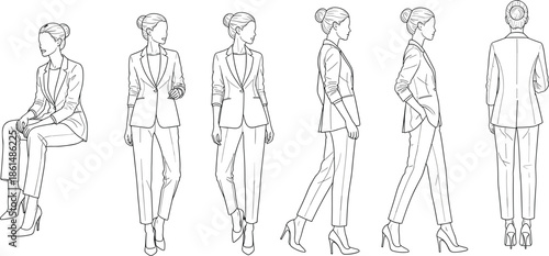Elegant businesswoman fashion poses wearing tailored suit showing front side back views line art vector illustration isolated white background collection