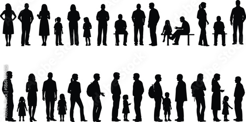 People silhouettes collection showing men women children standing walking sitting waiting queue vector illustration isolated white background design set concept