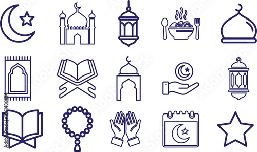 Blue Islamic Line Icons Set Ramadan Kareem and Muslim Culture Symbols