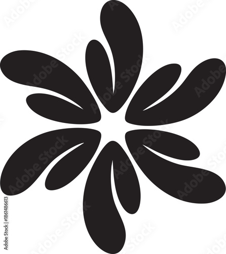 Abstract black floral shape with rounded petals on a white background creating a graphic design element