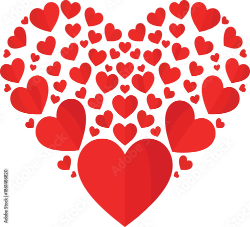 Vibrant red heart shapes in various sizes on white background.