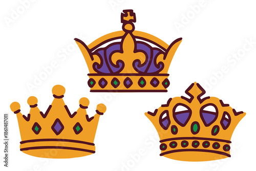 Mardi Gras. Three different designs of carnival crowns in traditional colors. Collection of royal headwear for masquerade king or queen celebration and party design.