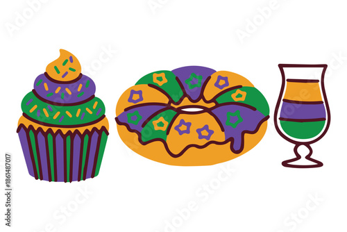 Mardi Gras.  Traditional treats for carnival celebration including decorated cupcake purple donut and layered beverage. Food and drink collection for New Orleans style Fat Tuesday parties.