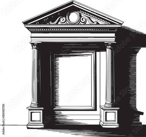 Monochrome illustration of a classical architectural frame with columns and triangular pediment