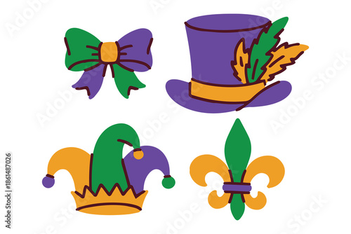 Mardi Gras. Four decorative carnival symbols including festive bow top hat jester cap and lily emblem. Traditional graphics for Fat Tuesday event branding and masquerade decorations.