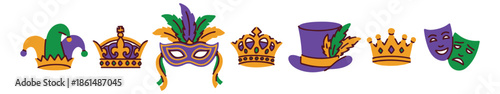 Mardi Gras. Horizontal line of festive elements including jester caps royal crowns and theater masks. Decorative divider or footer for carnival party invitations and Fat Tuesday banners.