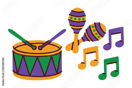 Mardi Gras. Festive parade rhythm section featuring traditional drum and colorful maracas. Musical set for carnival celebration atmosphere and Fat Tuesday street performance themes.