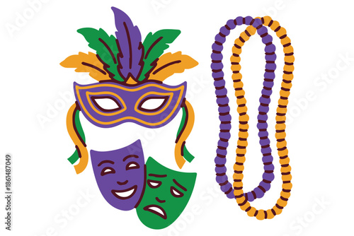 Mardi Gras. Traditional carnival accessories featuring theater masks and jewelry. Collection of festive decorations for Fat Tuesday party costumes and holiday parade themes.