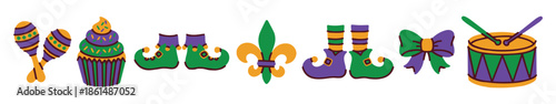 Mardi Gras. Wide collection of holiday items arranged in a row including musical instruments food and jester clothing. Decorative element for carnival event posters and Fat Tuesday layouts.
