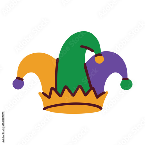 Mardi Gras. Classic three pointed joker cap in purple green and gold colors isolated on white. Playful costume accessory for carnival performers and Fat Tuesday party guests.