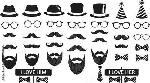 Black and white booth props hats glasses mustaches beards
