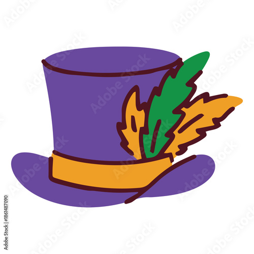 Mardi Gras. Elegant gentleman headwear decorated with traditional carnival colors and plume. Sophisticated accessory for masquerade balls Fat Tuesday parades and festive costumes.