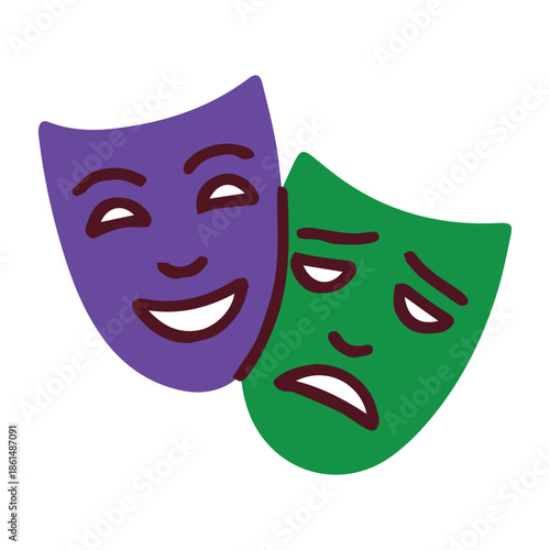 Mardi Gras. Pair of theatrical masks showing happy and sad expressions in purple and green. Dramatic symbol for masquerade parties carnival festivals and theater events.