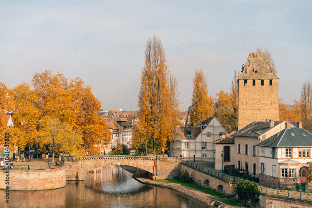 Obraz premium Panoramic view on The Ponts Couverts in Strasbourg with blue cloudy sky. France.