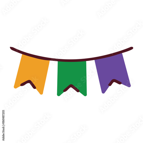 Mardi Gras. Festive string of flags in traditional carnival colors used to decorate houses and streets for Fat Tuesday events and parades