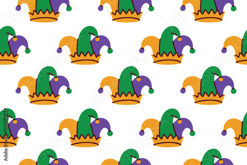 Mardi Gras. Playful endless background featuring traditional joker caps in carnival colors for holiday wrapping paper and festive textile design
