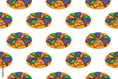 Mardi Gras. Continuous dessert texture showing glazed pastries with traditional carnival sugar icing for holiday bakery packaging and background design