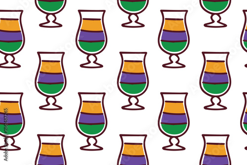 Mardi Gras. Repeating texture of layered carnival drinks in traditional colors for Fat Tuesday restaurant menus and holiday background design.