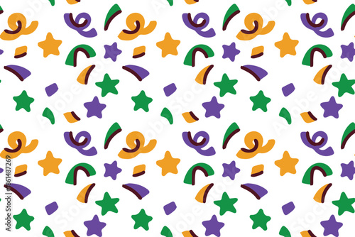 Mardi Gras. Endless festive background featuring colorful falling streamers and stars in traditional carnival colors. Perfect for holiday wrapping paper, party textiles, or vibrant digital backdrops.