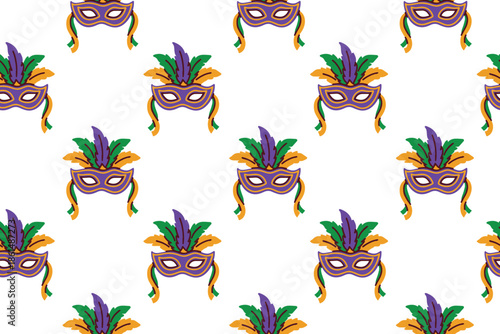 Mardi Gras. Continuous texture with traditional masquerade masks decorated with feathers and golden details. Ideal for festive invitation backgrounds, elegant party fabrics, and carnival themed decor.