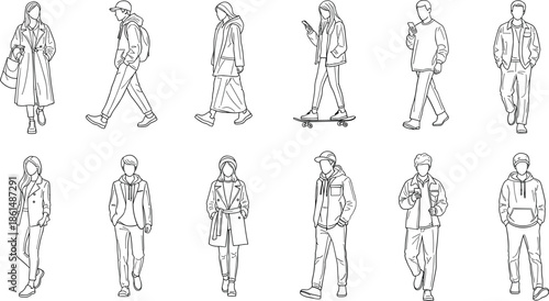 Black and white line of people walking and standing line black and white faceless