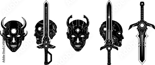 Futuristic cybernetic heads and swords graphic icons
