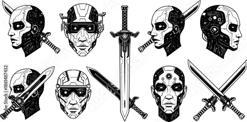 Futuristic cybernetic heads and swords graphic icons

