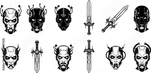 Futuristic cybernetic heads and swords graphic icons
