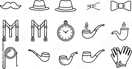 Black and white line of various vintage male accessories mustache hats bow ties suspenders