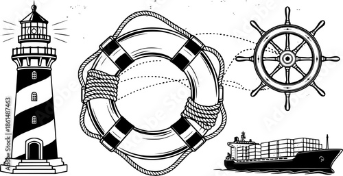 Nautical Icons Lifebuoy Lighthouse Ship Wheel World Map Cargo Ship
