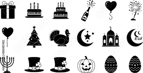 Diverse flat design icons for celebrations and holidays
