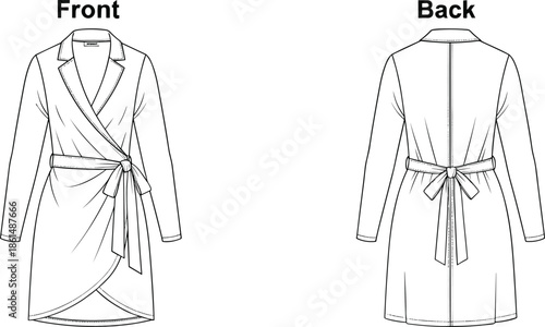 Black and white of a dress front and back with belt robe coat