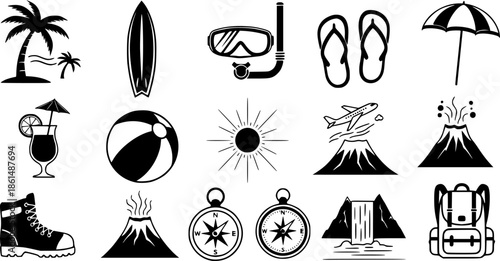 Tropical beach vacation and adventure icons

